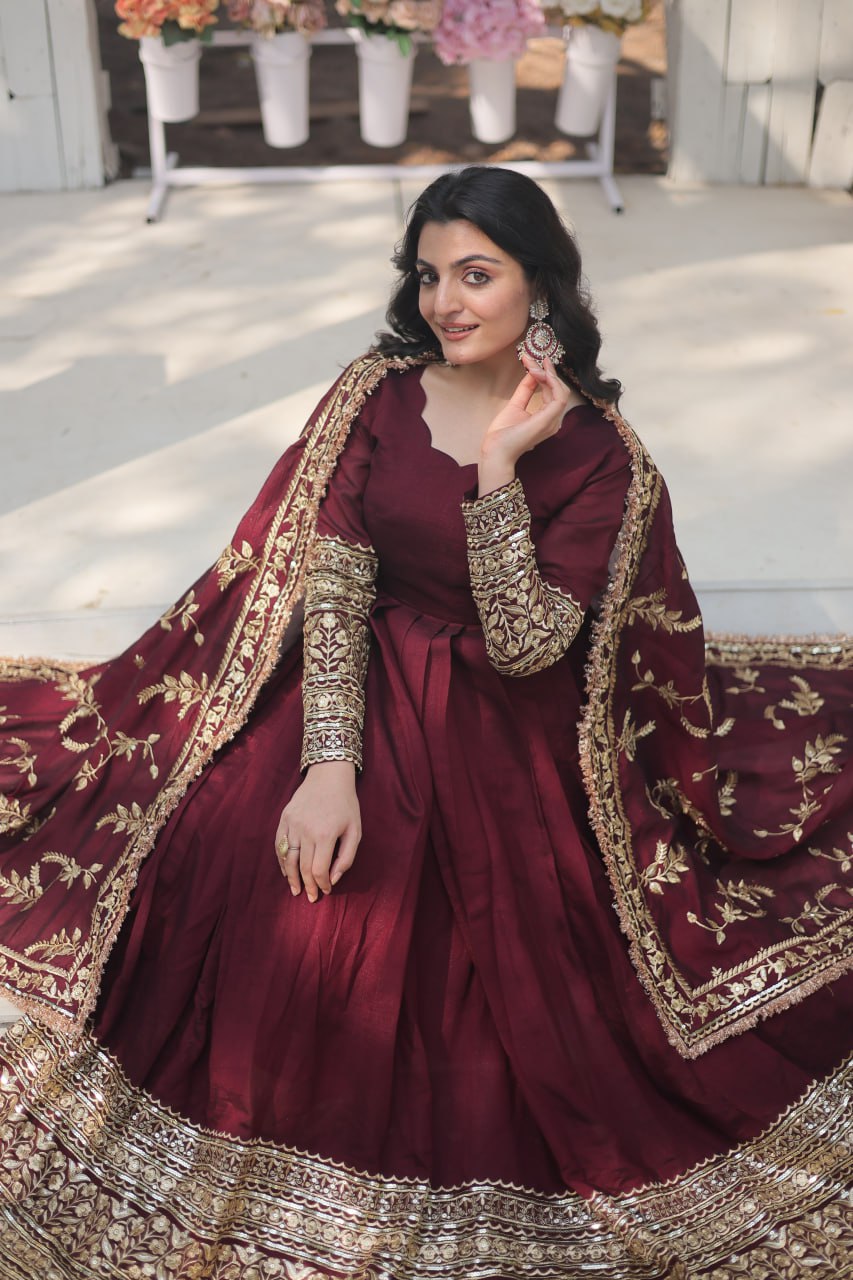 DARK MAROON COLOR VICHITRA SHIMMER SEQUENCE EMBROIDERED BRIDAL GOWNWITH DUPATTA
