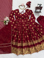 MAROON COLOR BANARASI VISCOSE GEORGETTE BASE ANARKALI SUIT SET OF 3