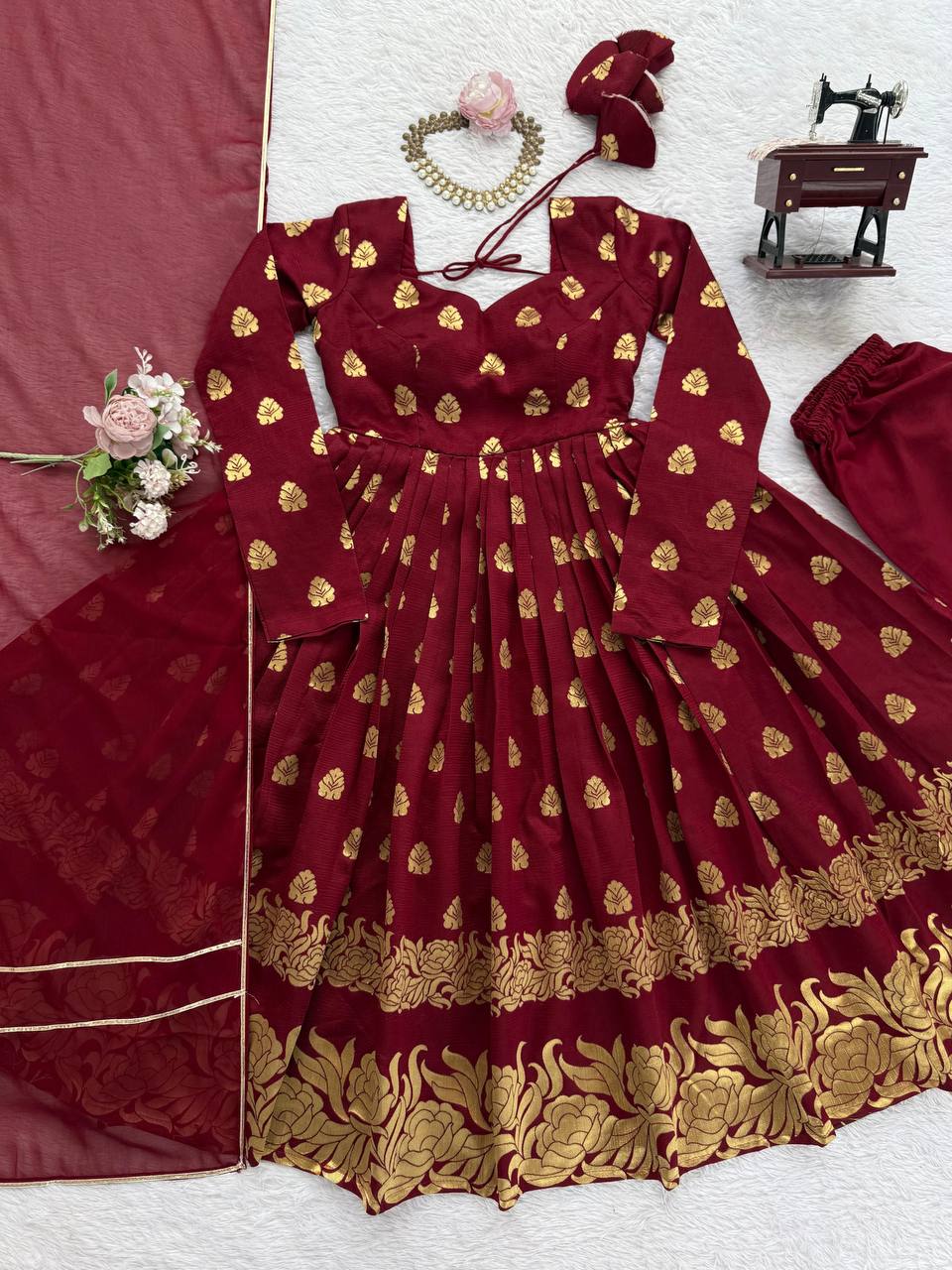 MAROON COLOR BANARASI VISCOSE GEORGETTE BASE ANARKALI SUIT SET OF 3