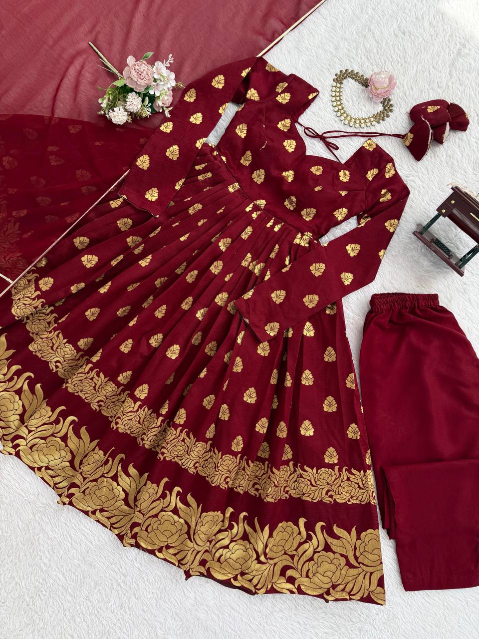 MAROON COLOR BANARASI VISCOSE GEORGETTE BASE ANARKALI SUIT SET OF 3