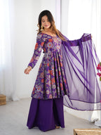 PURPLE COLOR ROMAN SILK BASE PRINTED PLAZZO SUIT SET OF 3