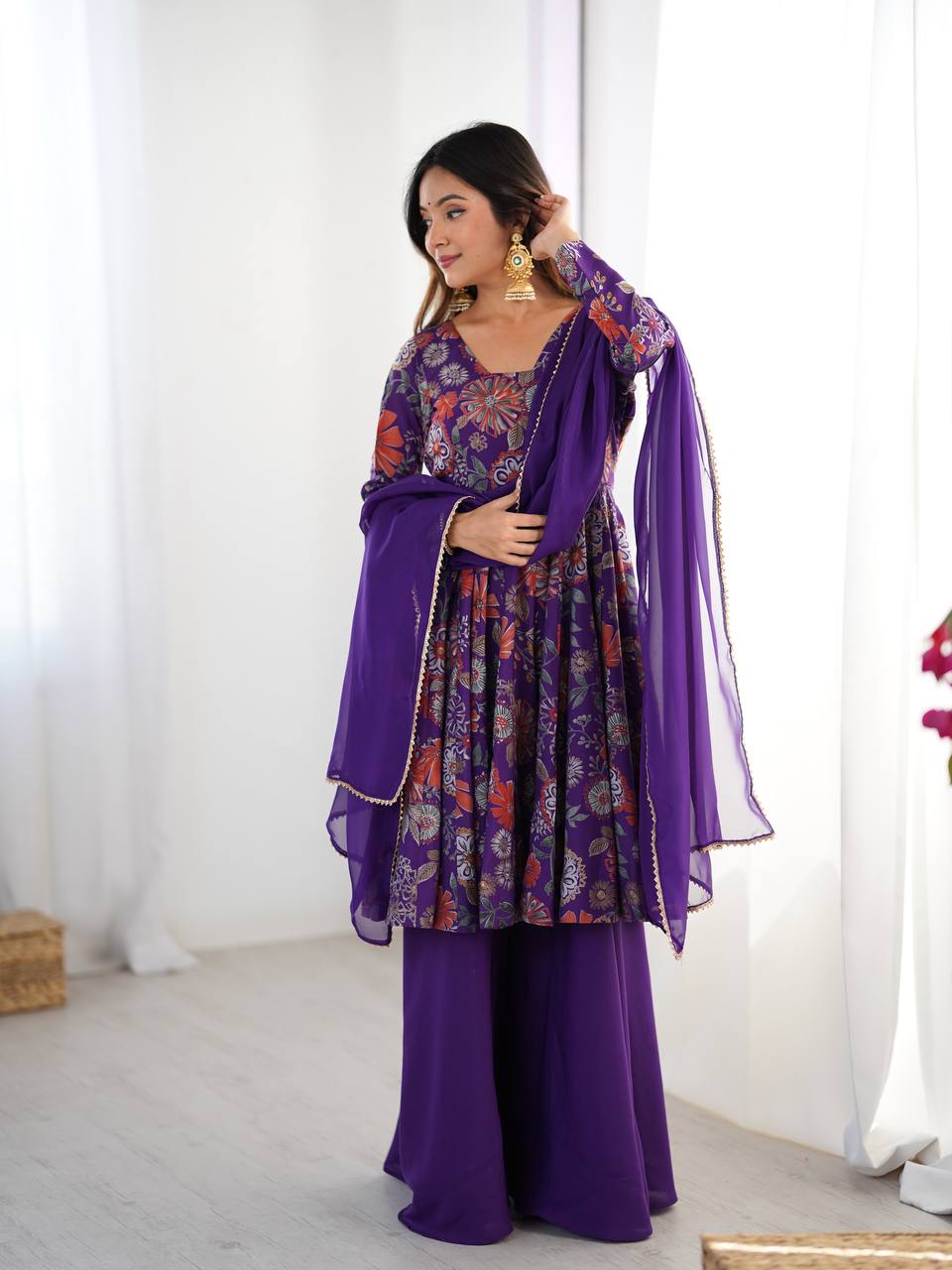 PURPLE COLOR ROMAN SILK BASE PRINTED PLAZZO SUIT SET OF 3