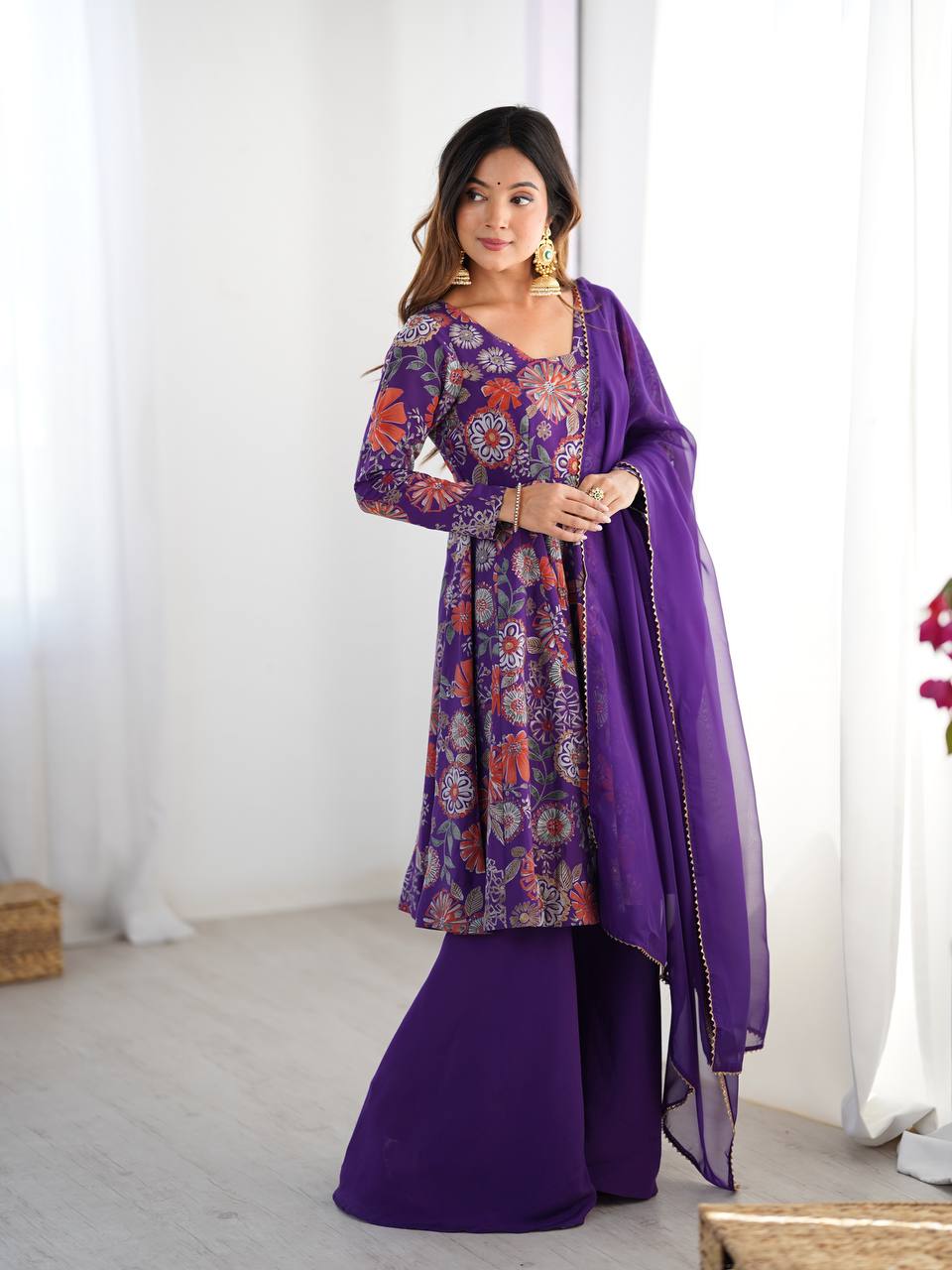PURPLE COLOR ROMAN SILK BASE PRINTED PLAZZO SUIT SET OF 3