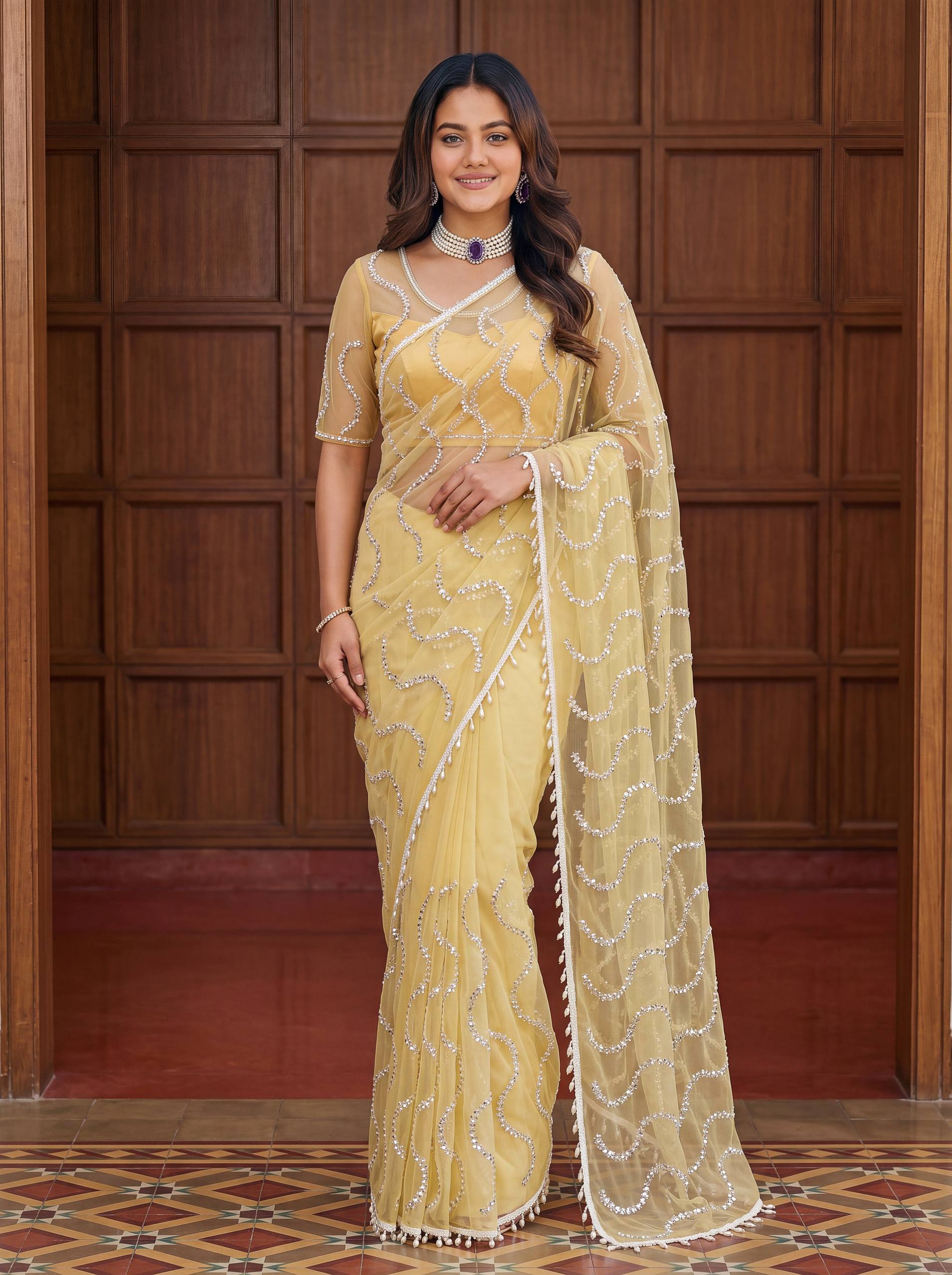YELLOW COLOR DESIGNER LOOK HANDWORK SAREE