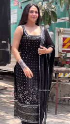 BLACK COLOR GEORGETTE BASE EMBROIDERED KURTI SET OF 3