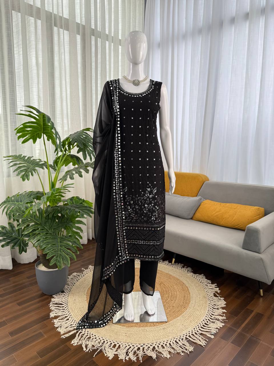 BLACK COLOR GEORGETTE BASE EMBROIDERED KURTI SET OF 3