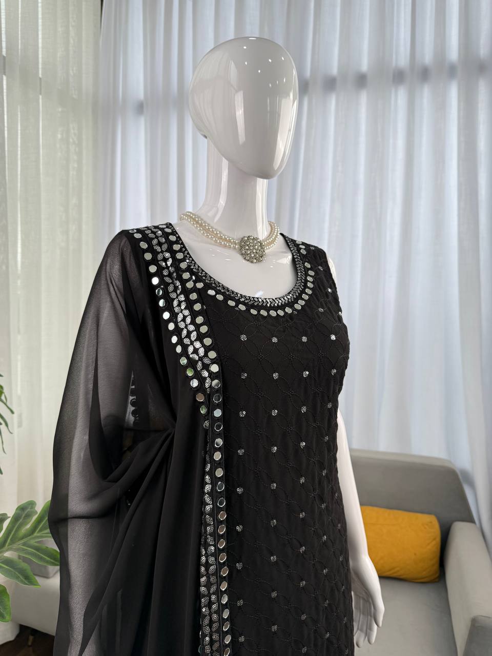 BLACK COLOR GEORGETTE BASE EMBROIDERED KURTI SET OF 3