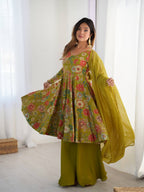 MEHENDI COLOR ROMAN SILK BASE PRINTED PLAZZO SUIT SET OF 3