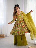 MEHENDI COLOR ROMAN SILK BASE PRINTED PLAZZO SUIT SET OF 3