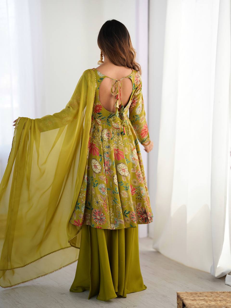 MEHENDI COLOR ROMAN SILK BASE PRINTED PLAZZO SUIT SET OF 3