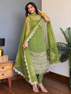 PARROT GREEN BANDHEJ MIRROR WORK KURTI SET
