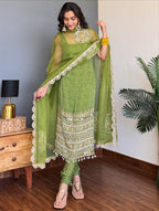 PARROT GREEN BANDHEJ MIRROR WORK KURTI SET