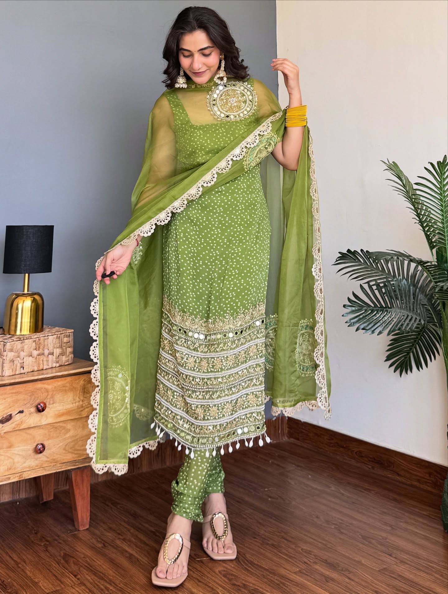 PARROT GREEN BANDHEJ MIRROR WORK KURTI SET