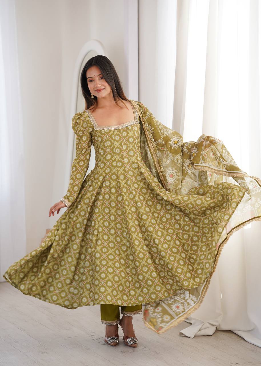 OLIVE GREEN PRINTED MASLIN ANARKALI GOWN SET