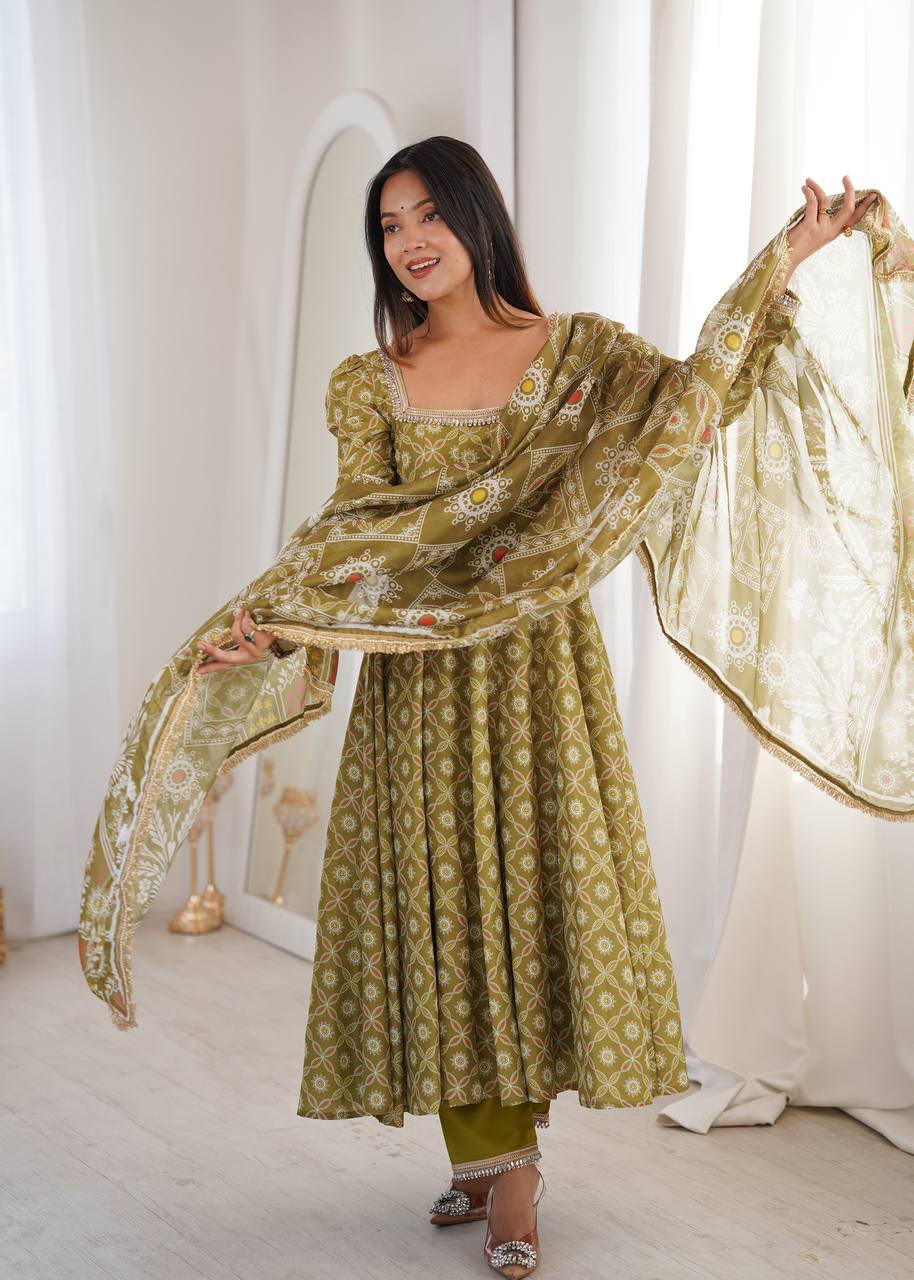 OLIVE GREEN PRINTED MASLIN ANARKALI GOWN SET