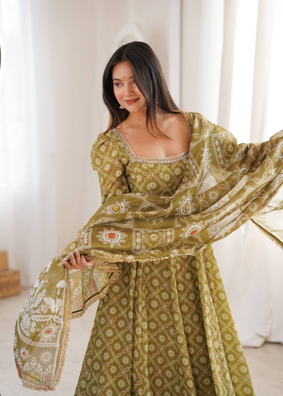 OLIVE GREEN PRINTED MASLIN ANARKALI GOWN SET