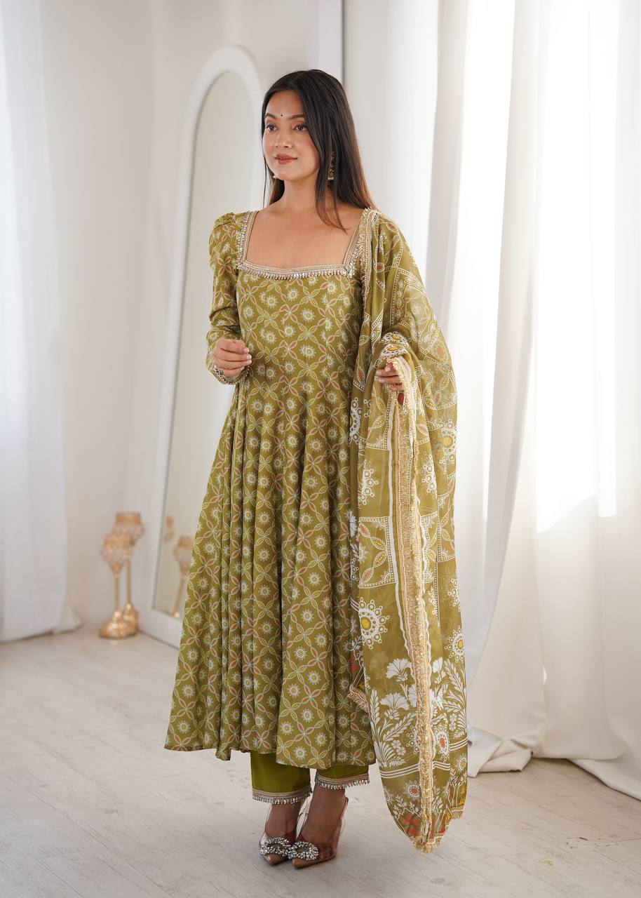 OLIVE GREEN PRINTED MASLIN ANARKALI GOWN SET