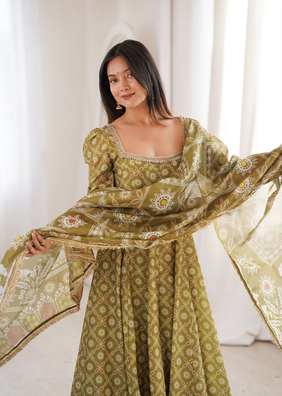 OLIVE GREEN PRINTED MASLIN ANARKALI GOWN SET