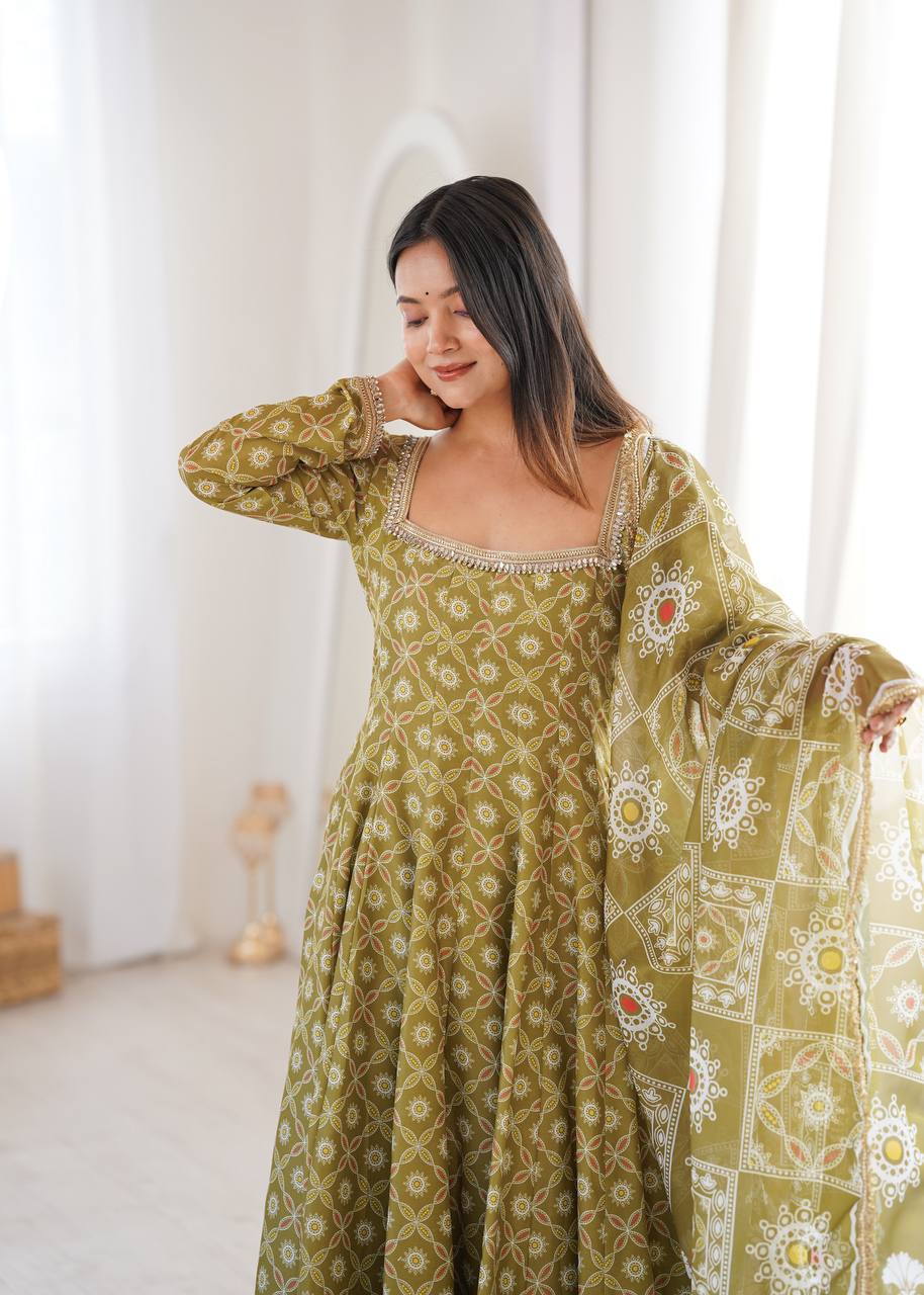 OLIVE GREEN PRINTED MASLIN ANARKALI GOWN SET