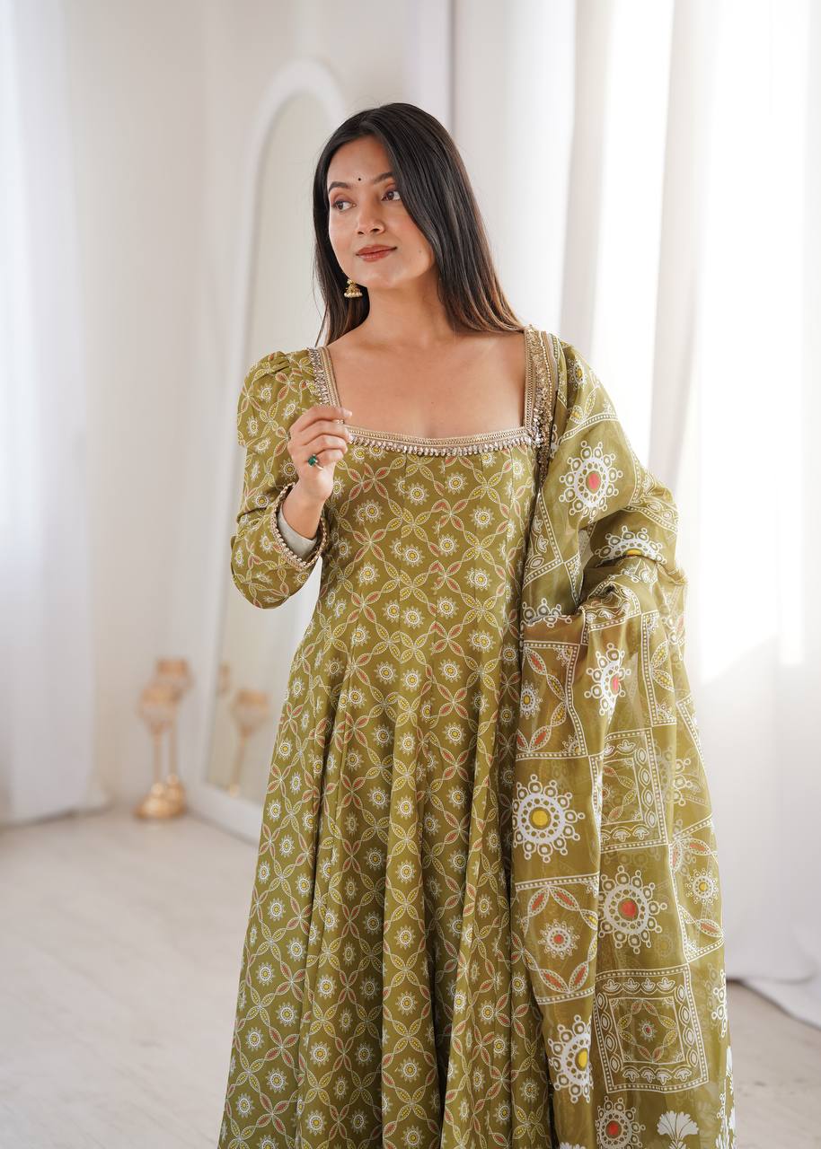 OLIVE GREEN PRINTED MASLIN ANARKALI GOWN SET