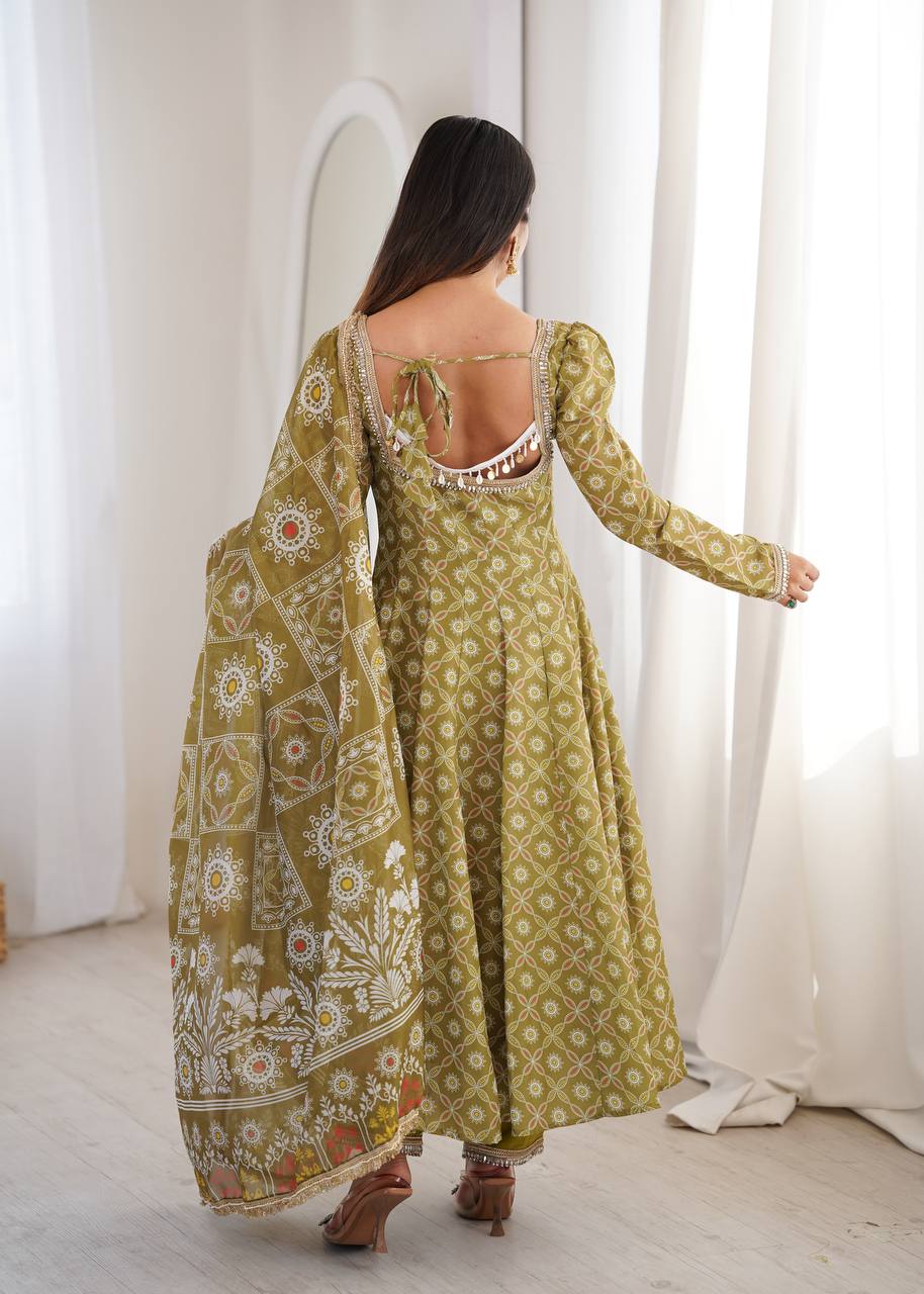 OLIVE GREEN PRINTED MASLIN ANARKALI GOWN SET