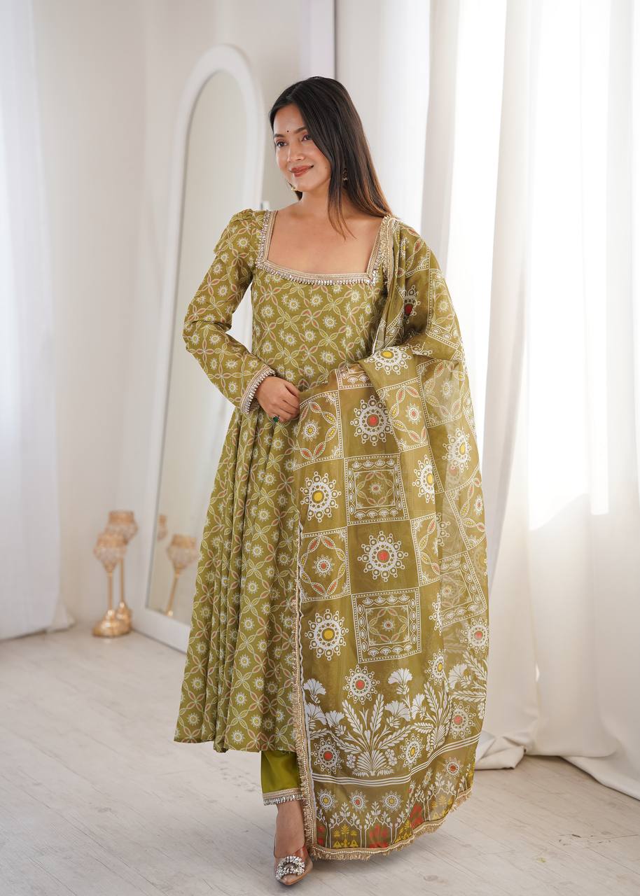OLIVE GREEN PRINTED MASLIN ANARKALI GOWN SET