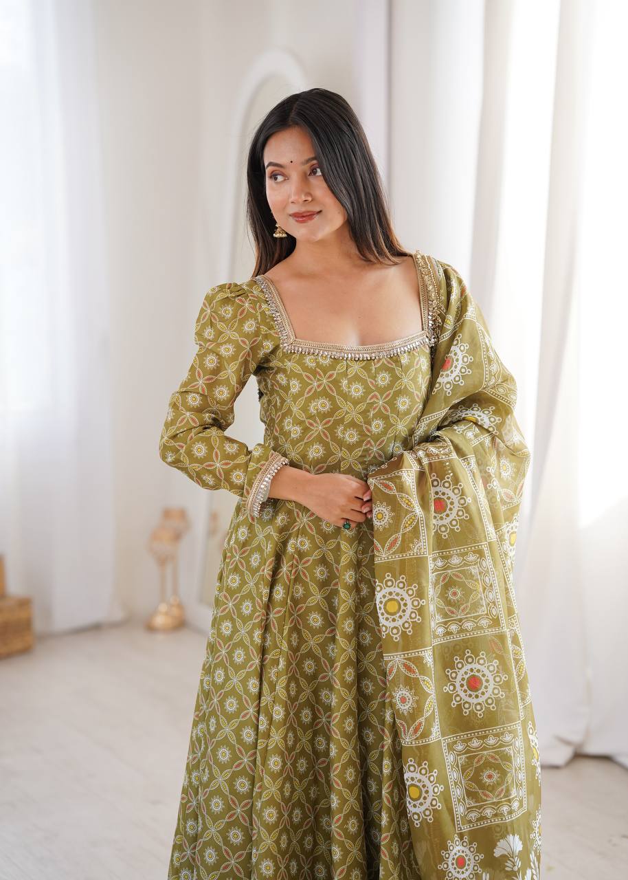 OLIVE GREEN PRINTED MASLIN ANARKALI GOWN SET