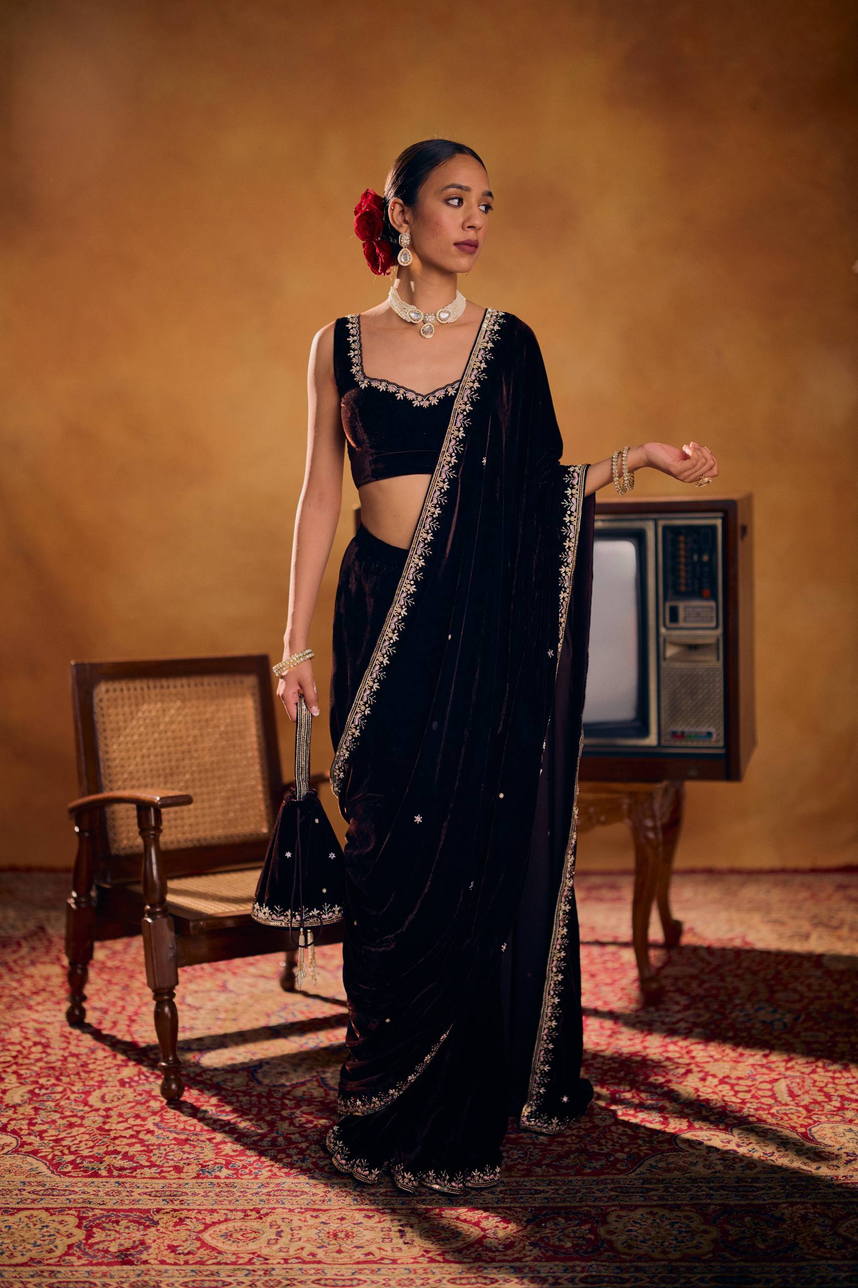 WEDDING SPECIAL VELVET SAREE WITH STITCHED BLOUSE
