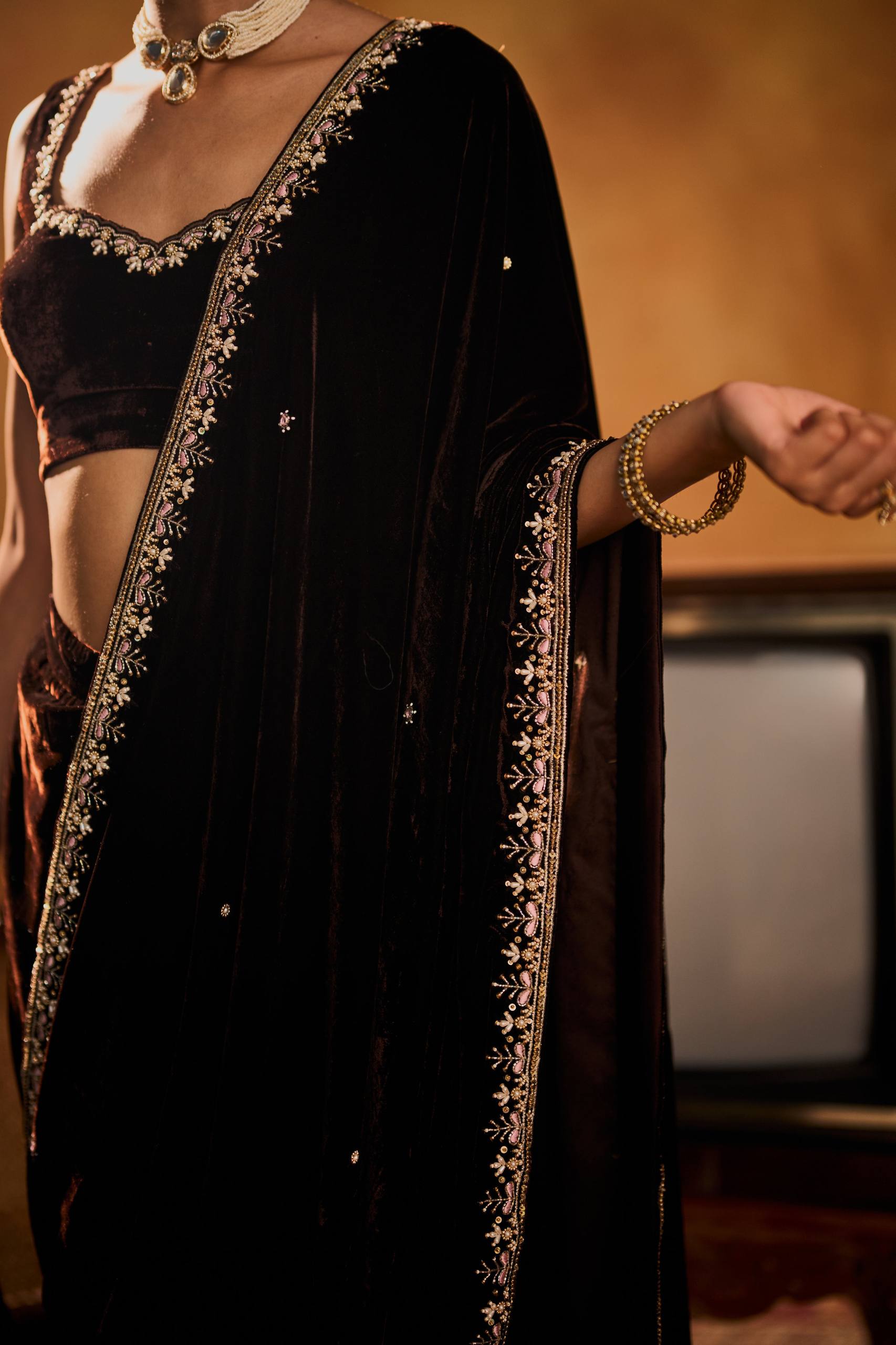 WEDDING SPECIAL VELVET SAREE WITH STITCHED BLOUSE