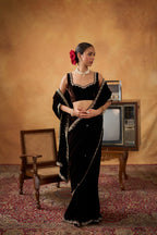 WEDDING SPECIAL VELVET SAREE WITH STITCHED BLOUSE