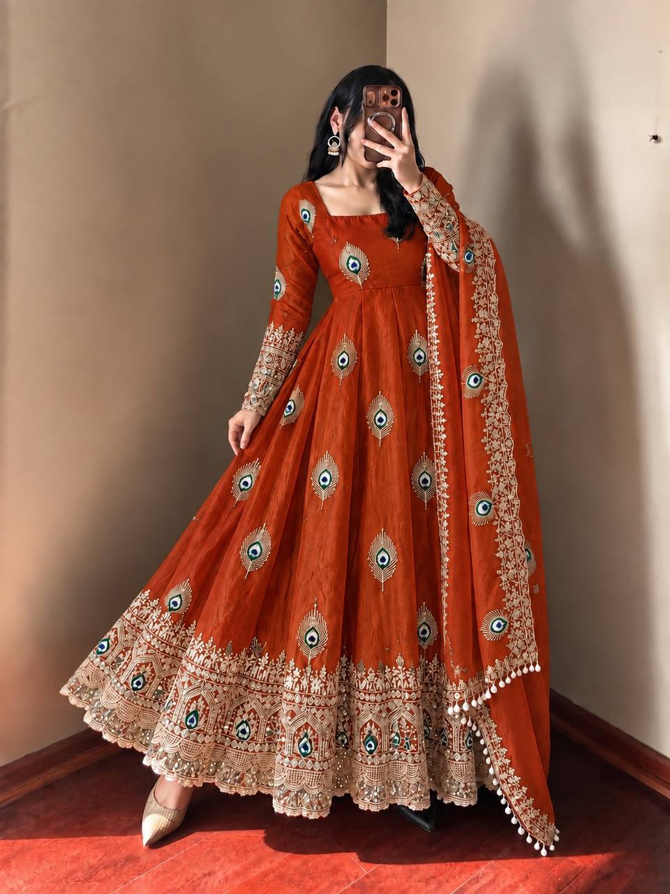 DESIGNER RED PEACOCK EMBROIDERED FLARED ANARKALI SUIT SET