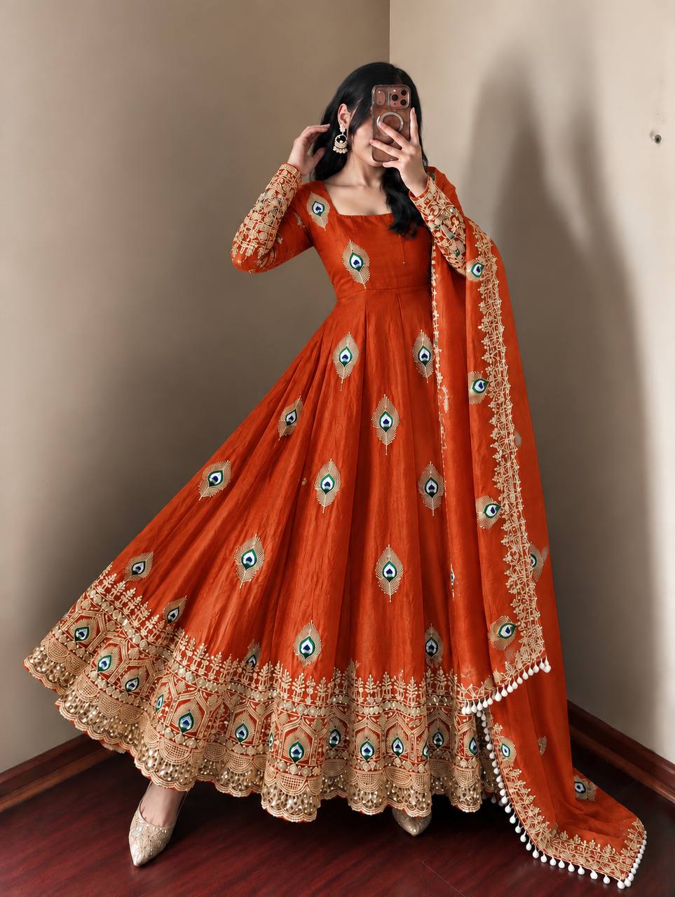 DESIGNER RED PEACOCK EMBROIDERED FLARED ANARKALI SUIT SET