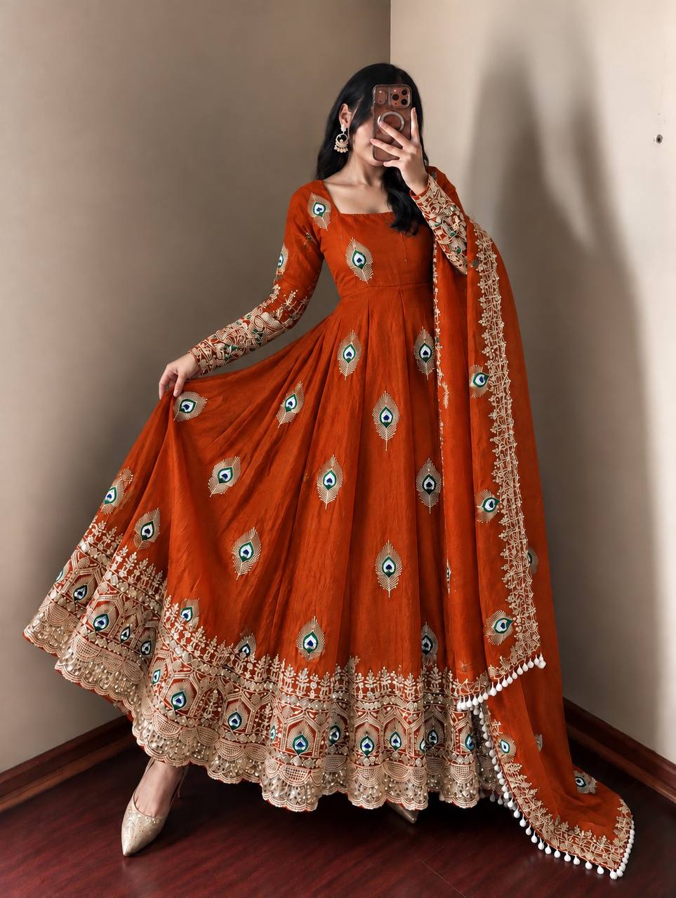 DESIGNER RED PEACOCK EMBROIDERED FLARED ANARKALI SUIT SET