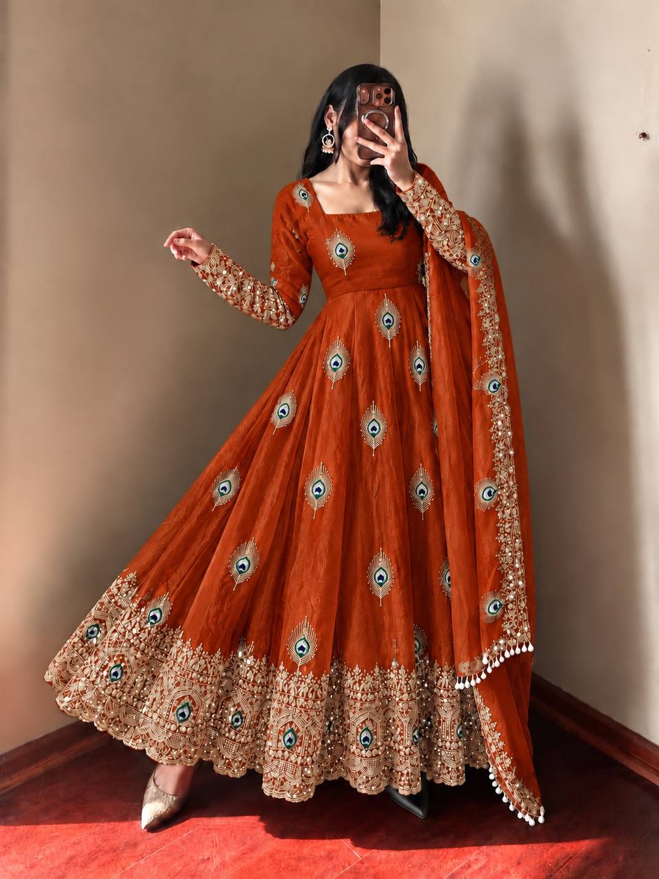 DESIGNER RED PEACOCK EMBROIDERED FLARED ANARKALI SUIT SET