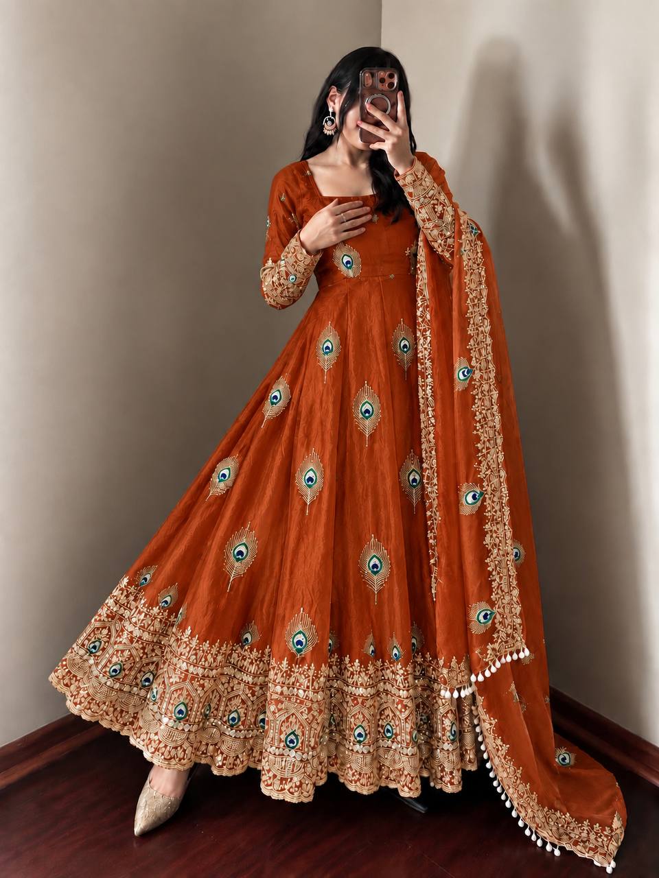 DESIGNER RED PEACOCK EMBROIDERED FLARED ANARKALI SUIT SET