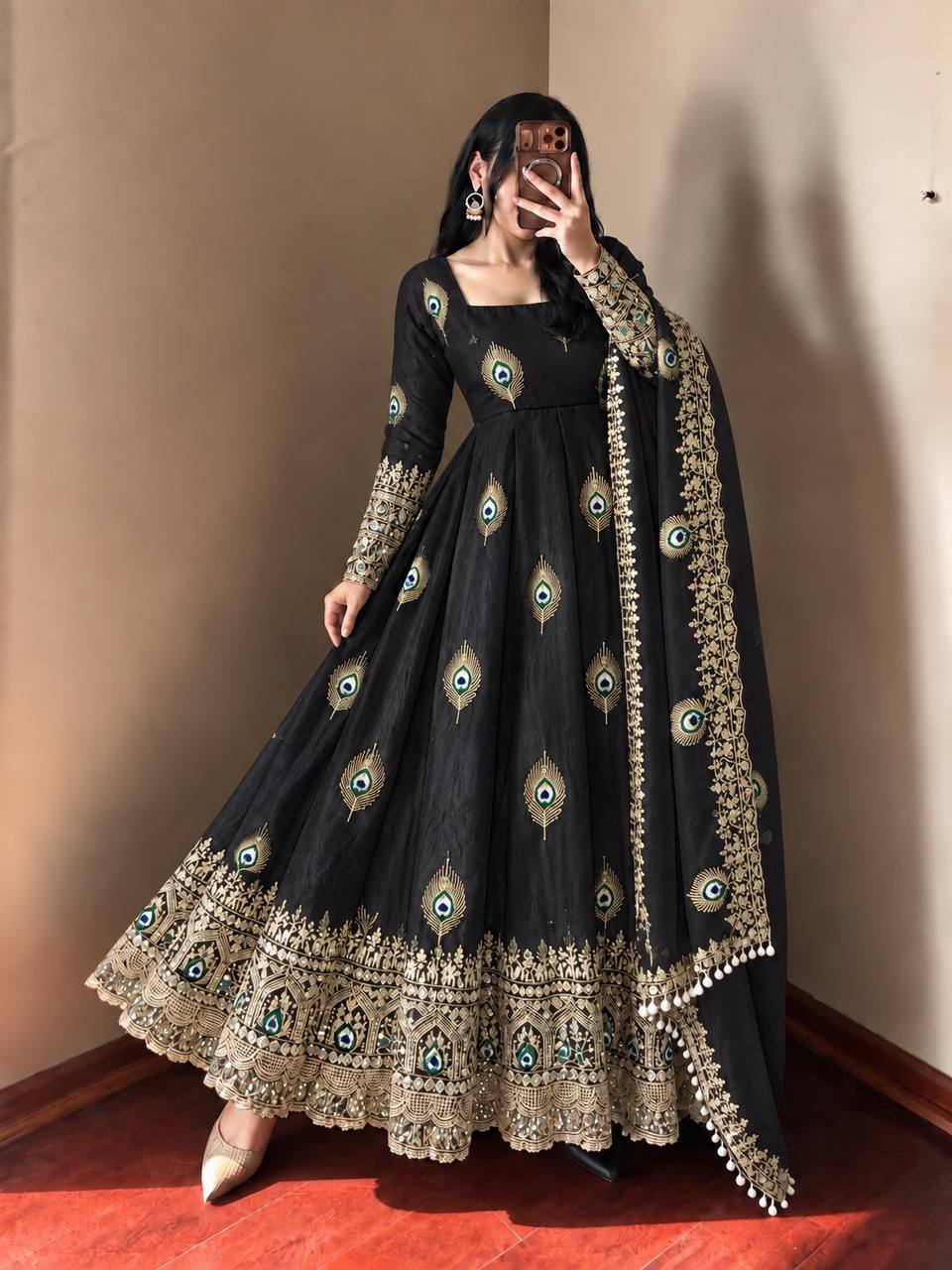 DESIGNER BLACK PEACOCK EMBROIDERED FLARED ANARKALI SUIT SET