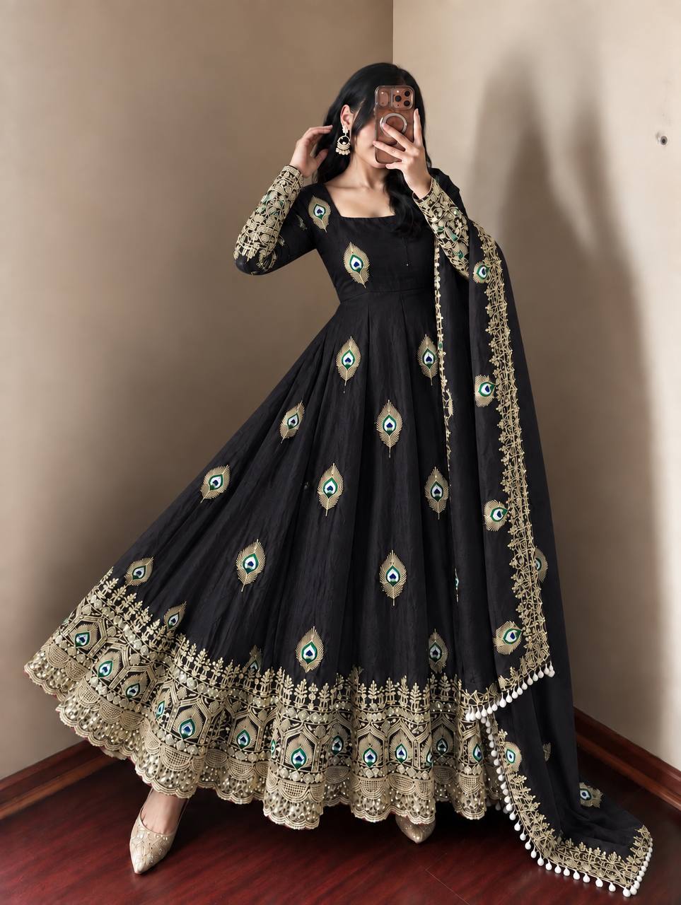 DESIGNER BLACK PEACOCK EMBROIDERED FLARED ANARKALI SUIT SET