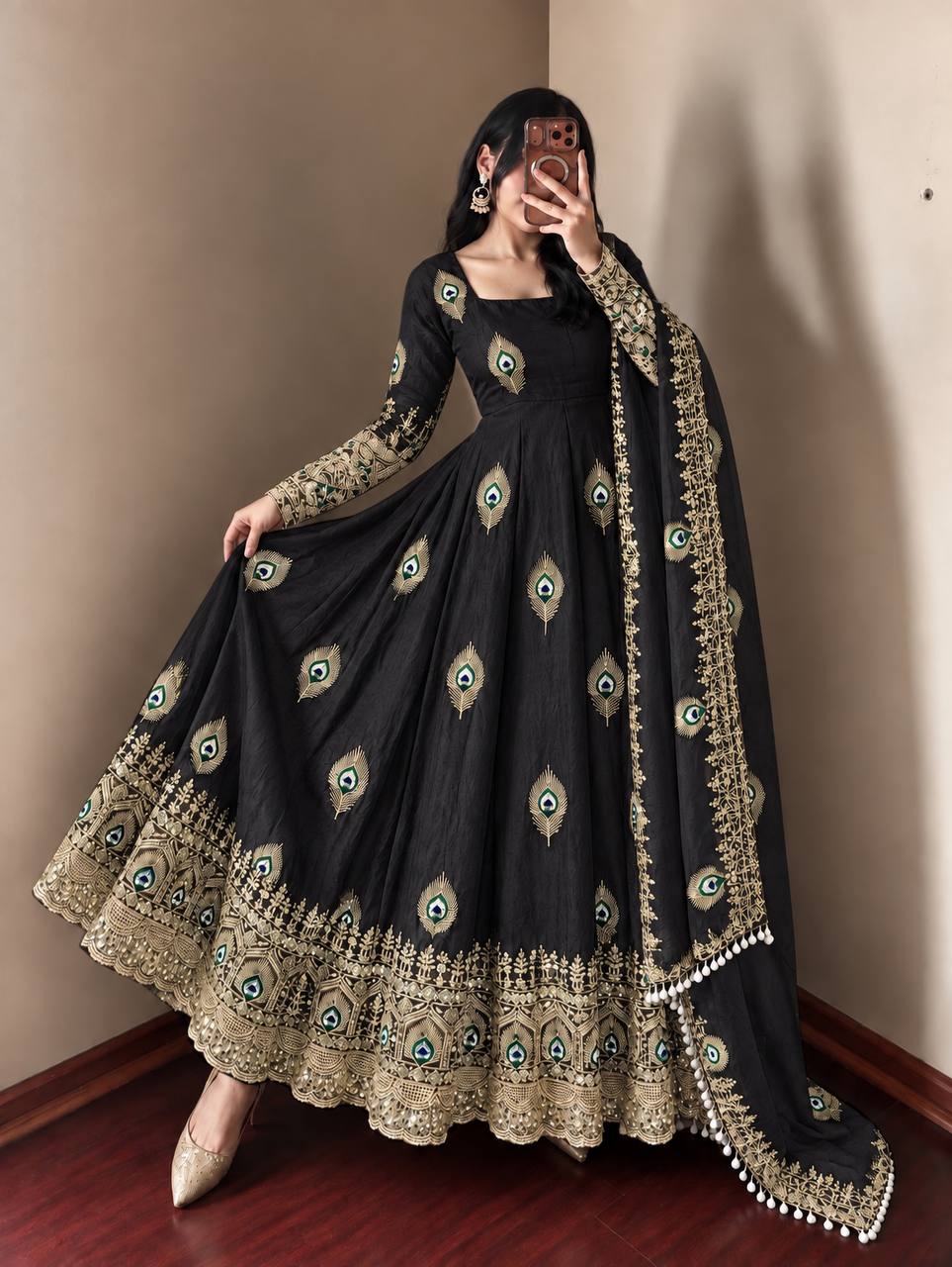 DESIGNER BLACK PEACOCK EMBROIDERED FLARED ANARKALI SUIT SET