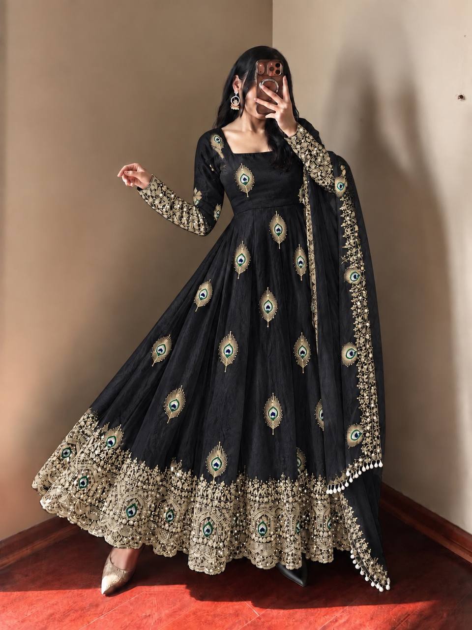 DESIGNER BLACK PEACOCK EMBROIDERED FLARED ANARKALI SUIT SET