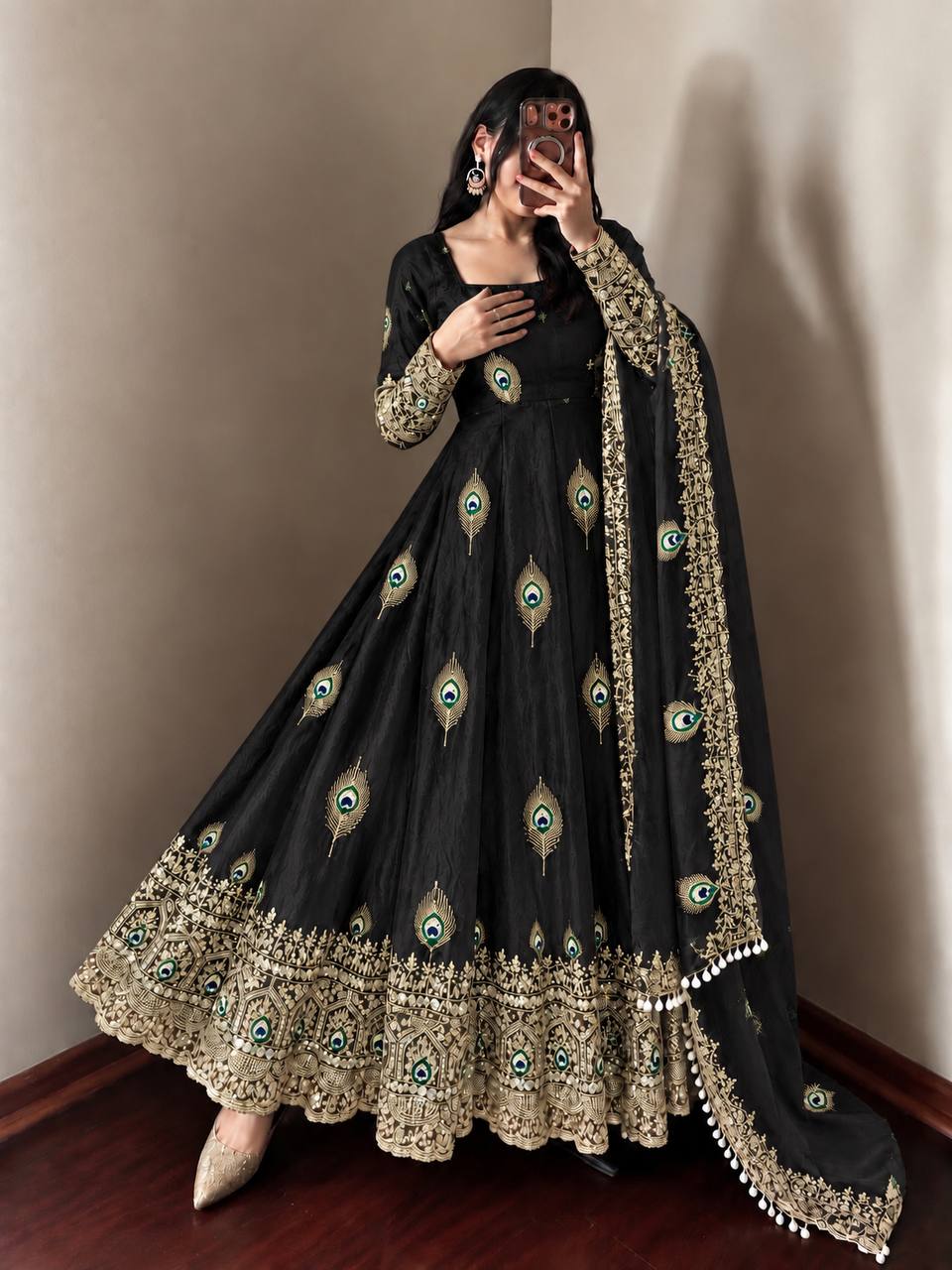DESIGNER BLACK PEACOCK EMBROIDERED FLARED ANARKALI SUIT SET