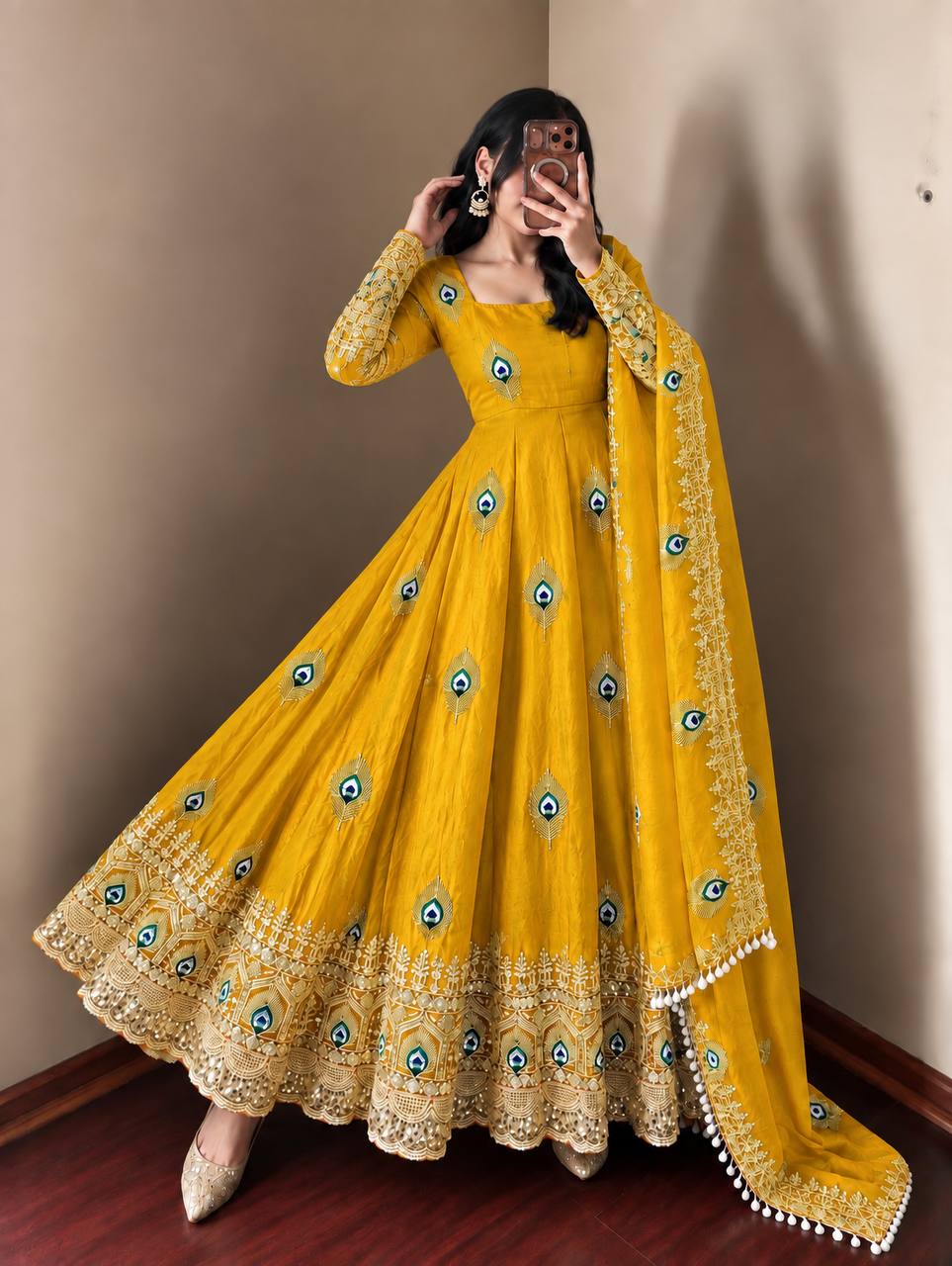 DESIGNER YELLOW PEACOCK EMBROIDERED FLARED ANARKALI SUIT SET
