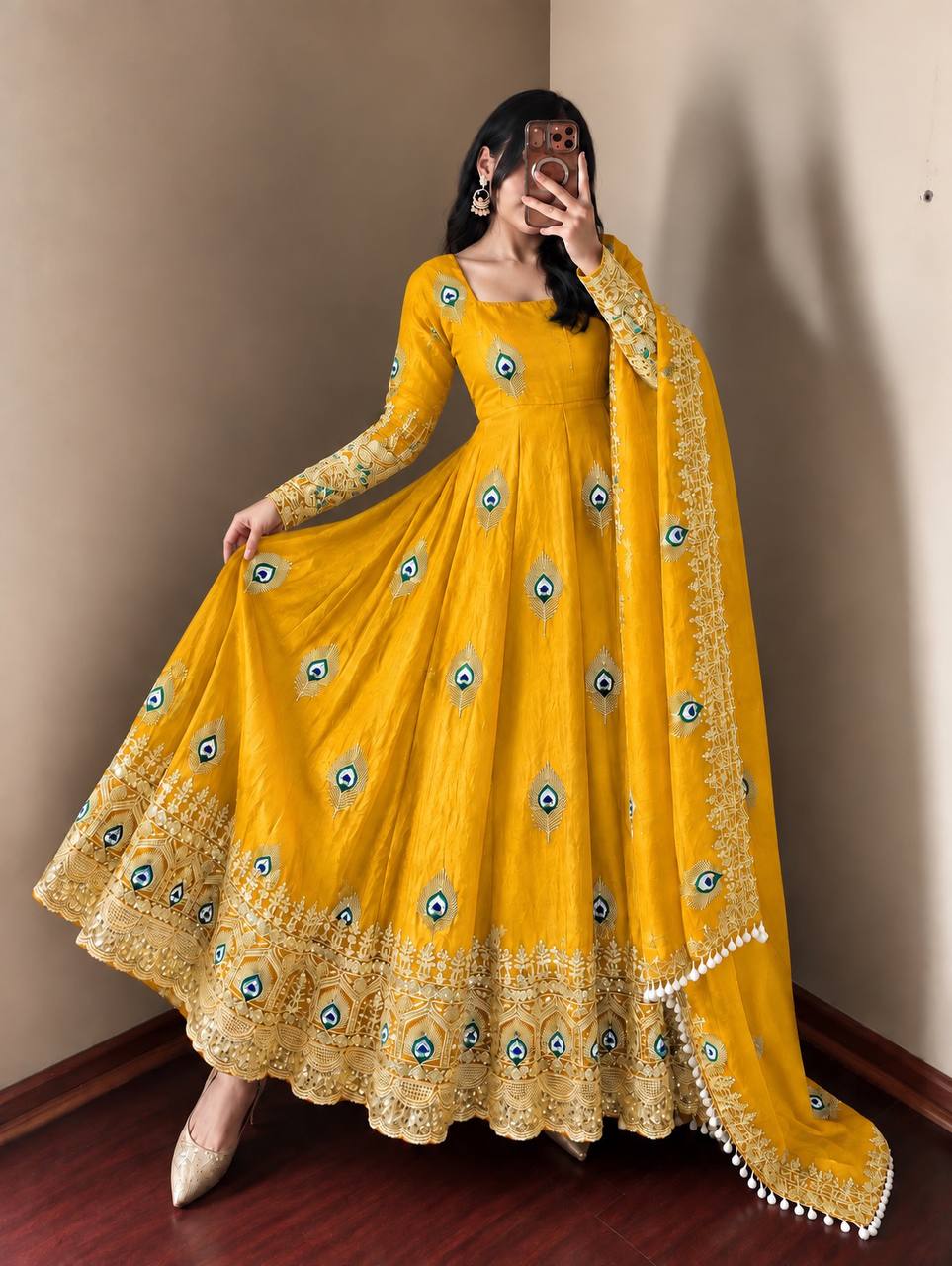 DESIGNER YELLOW PEACOCK EMBROIDERED FLARED ANARKALI SUIT SET