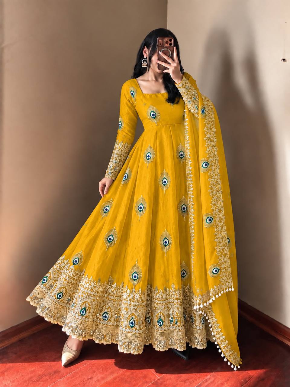 DESIGNER YELLOW PEACOCK EMBROIDERED FLARED ANARKALI SUIT SET