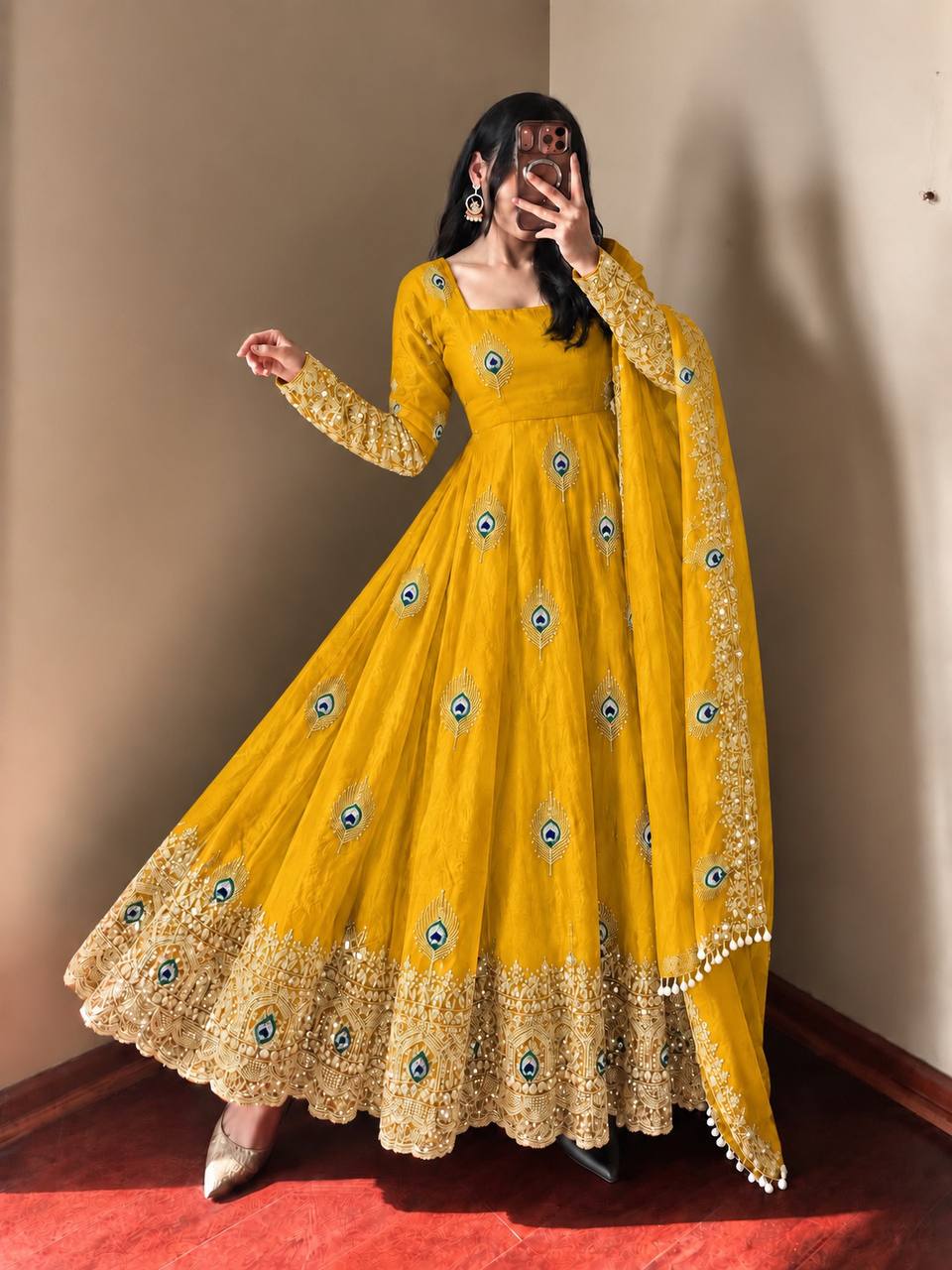 DESIGNER YELLOW PEACOCK EMBROIDERED FLARED ANARKALI SUIT SET