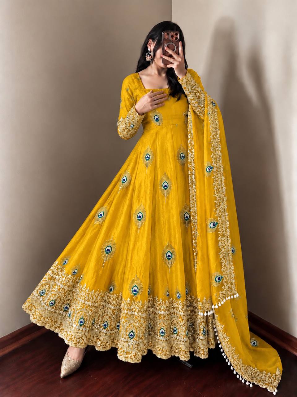 DESIGNER YELLOW PEACOCK EMBROIDERED FLARED ANARKALI SUIT SET