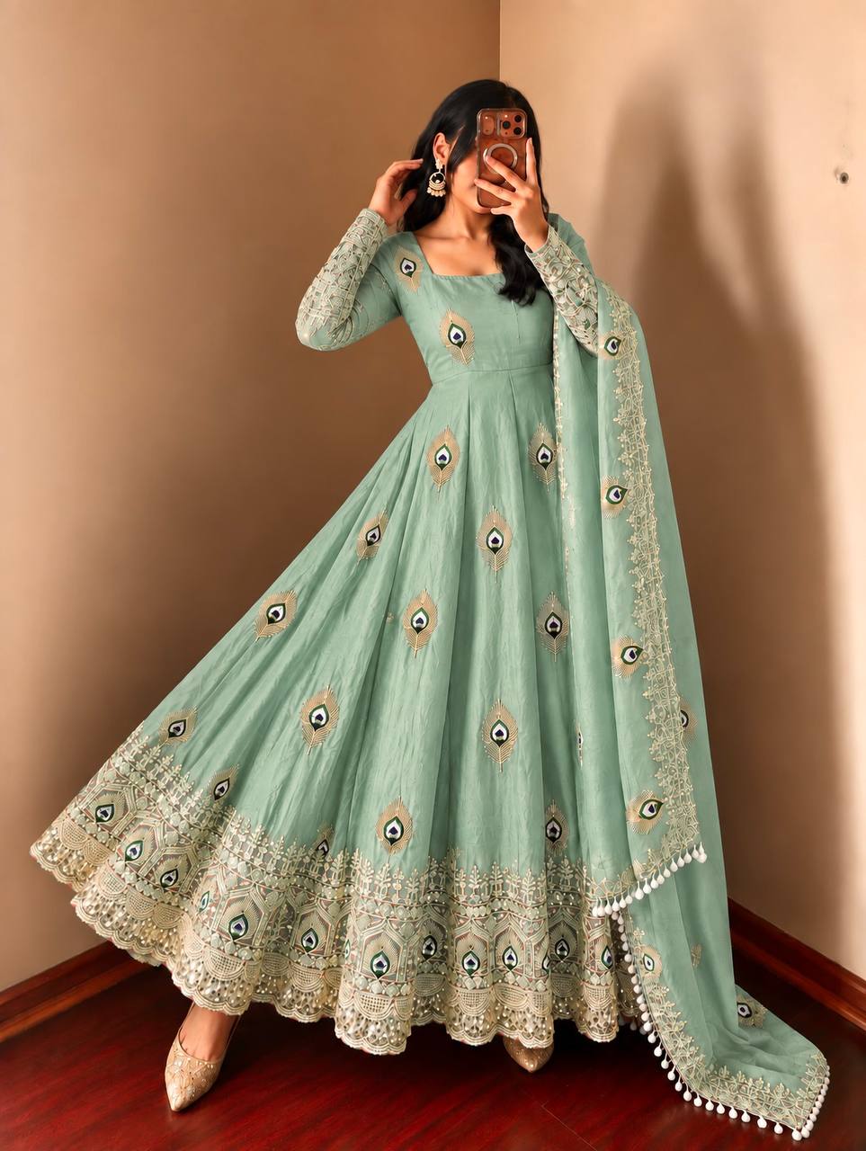 DESIGNER GREENISH CYAN PEACOCK EMBROIDERED FLARED ANARKALI SUIT SET