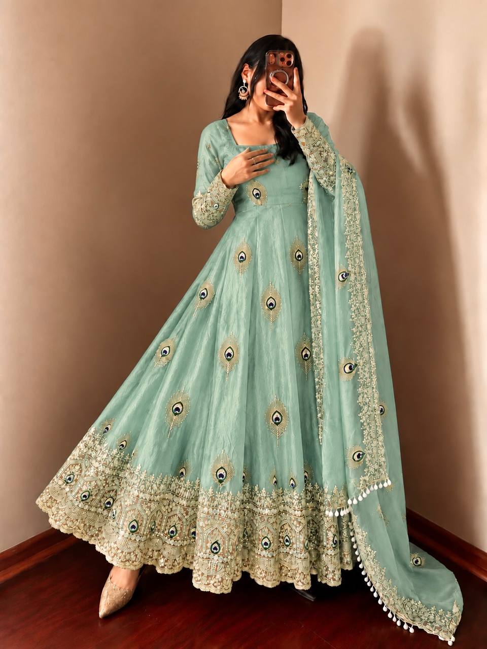 DESIGNER GREENISH CYAN PEACOCK EMBROIDERED FLARED ANARKALI SUIT SET
