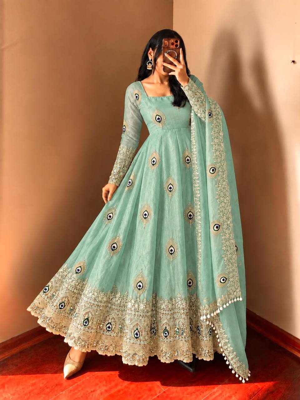 DESIGNER GREENISH CYAN PEACOCK EMBROIDERED FLARED ANARKALI SUIT SET