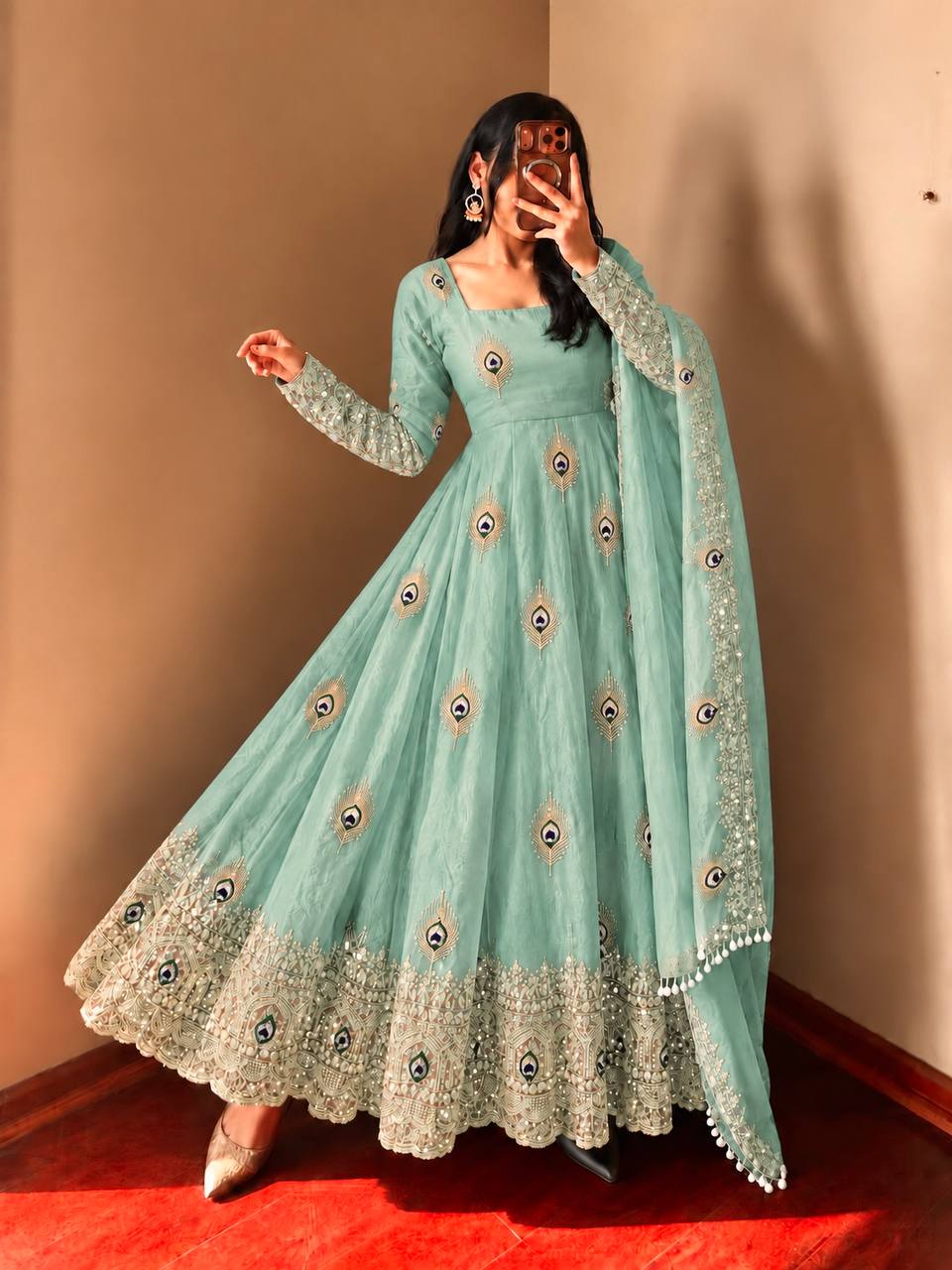 DESIGNER GREENISH CYAN PEACOCK EMBROIDERED FLARED ANARKALI SUIT SET