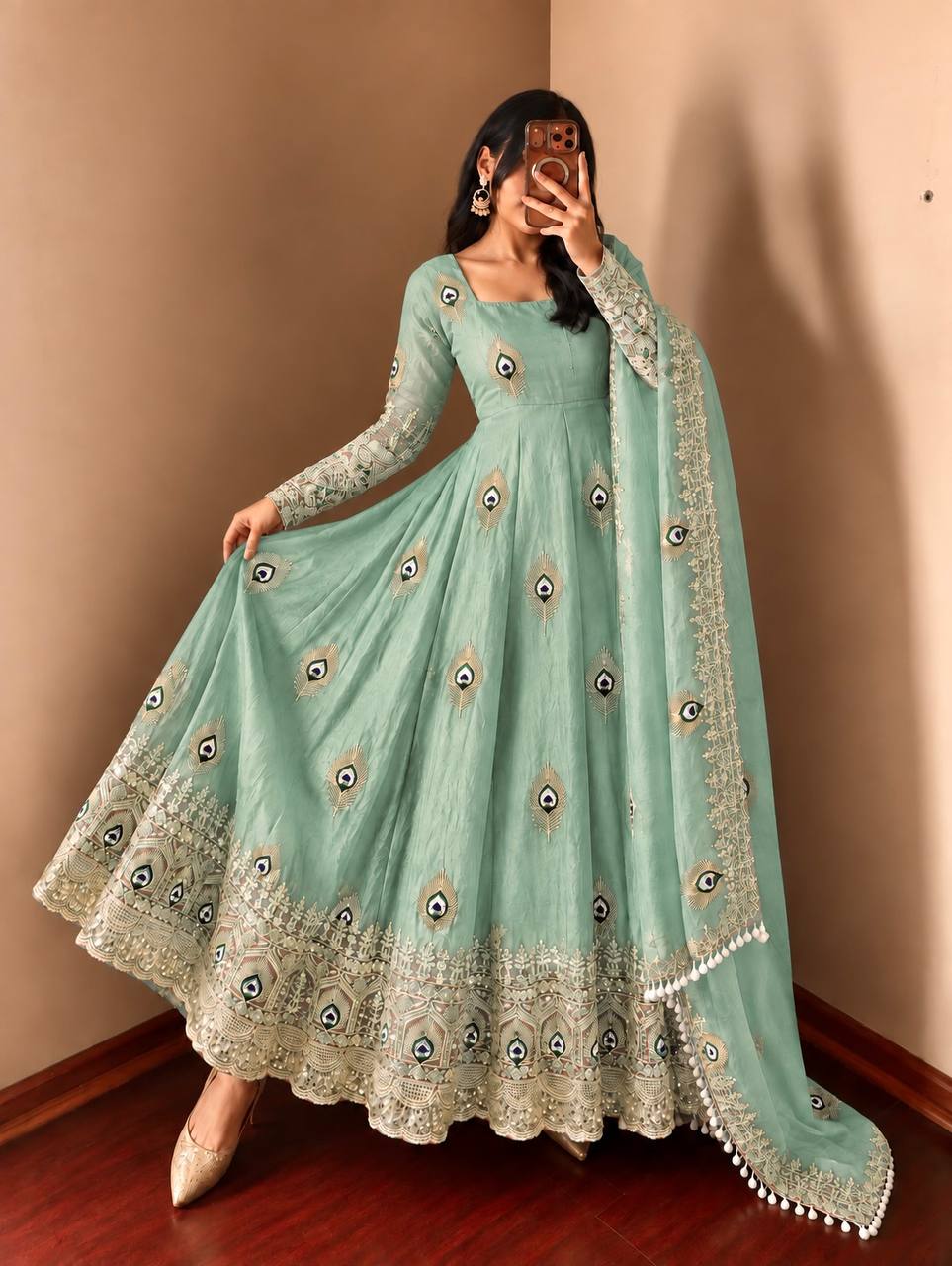 DESIGNER GREENISH CYAN PEACOCK EMBROIDERED FLARED ANARKALI SUIT SET